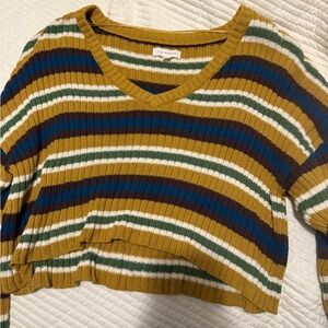 PacSun Striped V-Neck Cropped Sweater in Mustard, Navy, Green, White